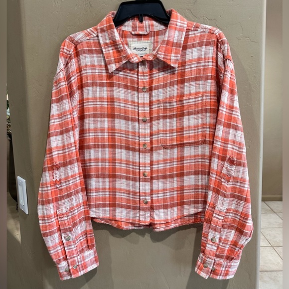 American Eagle Outfitters Orange Plaid Button Down Crop Top Blouse Size Medium - Picture 16 of 16